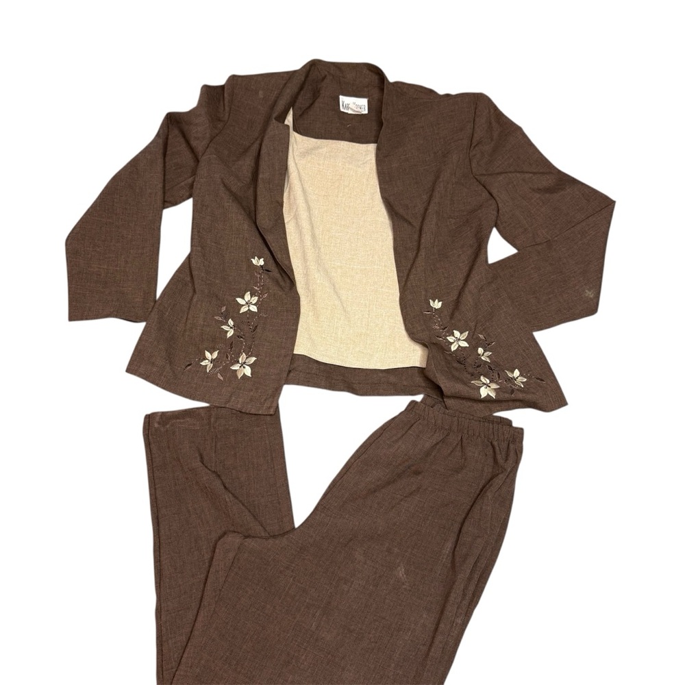 KARI’s KORNER 2pc brown embroidered jacket & pants size 14 classic chic VTG 90s